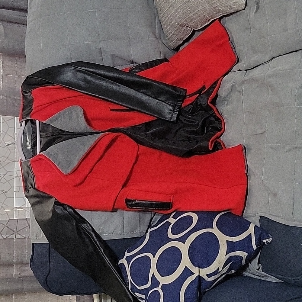 Red w black leather sleeves jacket